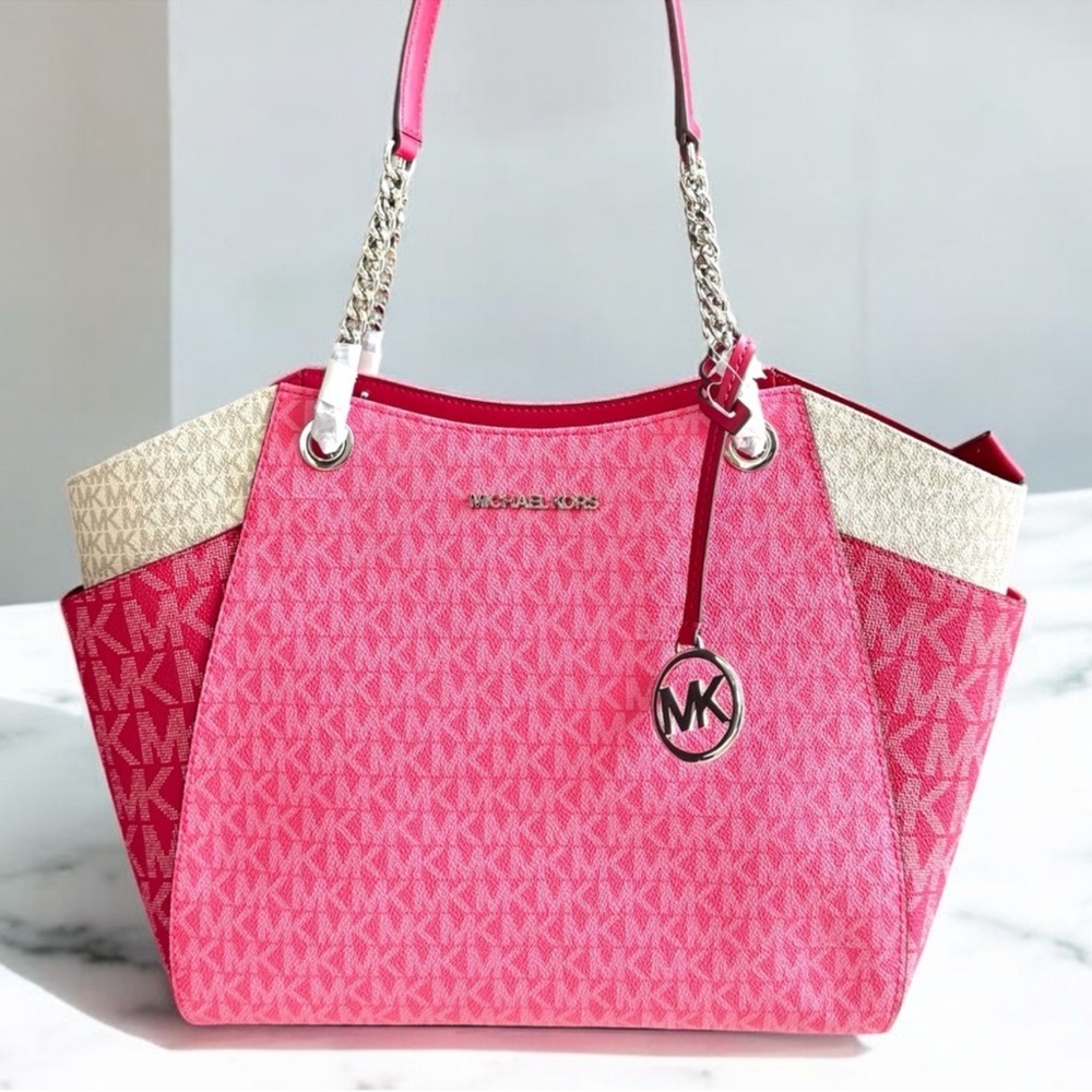 Michael Kors Large Jet Set Travel Chain Shoulder Bag Dark Raspberry Multi - Picture 2 of 7
